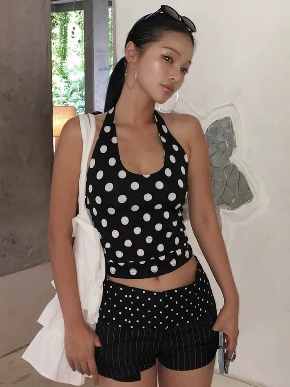 Zara Fall Black Polka Dot Backless Halter Slim Fit Tank Top
